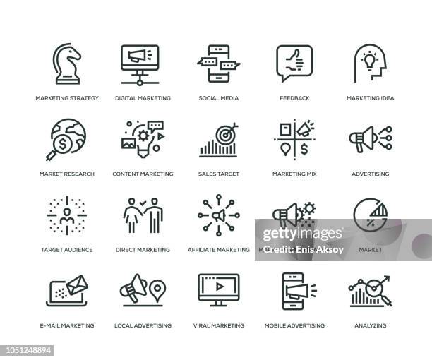 ilustraciones, imágenes clip art, dibujos animados e iconos de stock de iconos de comercialización - la línea serie - market research