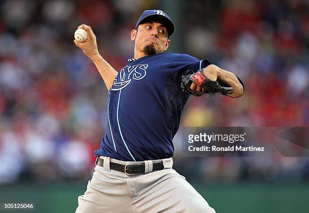 Pitcher Matt Garza of the Tampa Bay Rays throws against the Texas Rangers during game 3 of the ALDS at Rangers Ballpark in Arlington on October 9,...