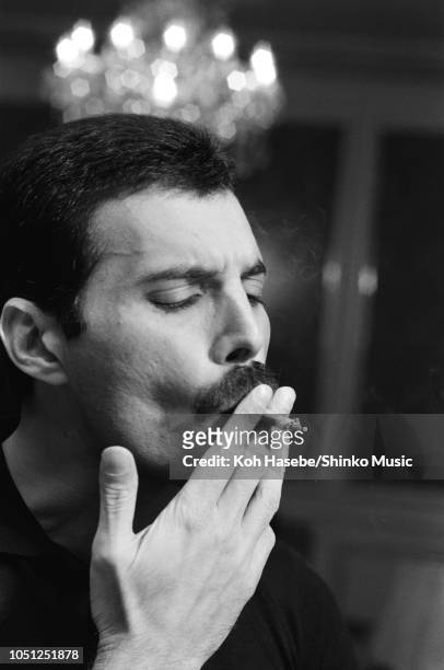 Freddie Mercury of Queen, interview and photo session for 'Music Life' magazine, on the band's Hot Space Japan tour, at the Rihiga Royal Hotel in...