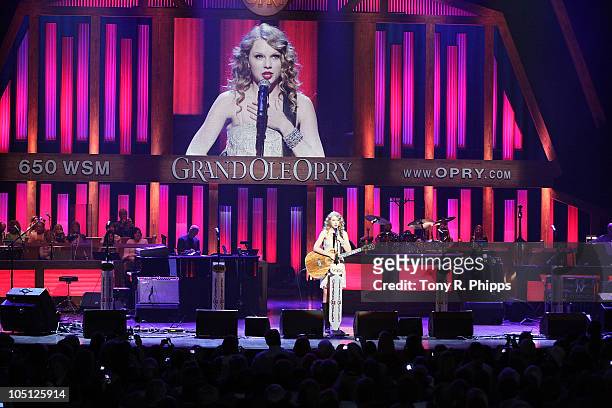 Taylor Swift performs during the Grand Ole Opry 85th birthday bash at the Grand Ole Opry House on October 9, 2010 in Nashville, Tennessee.