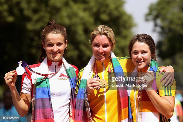 Medalists Elizabeth Armitstead of England , Rochelle Gilmore of Australia and Chloe Hosking of Australia pose during the medal ceremony for the...