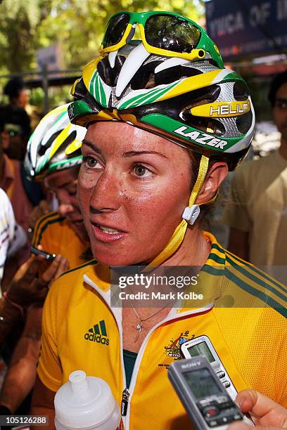 Rochelle Gilmore of Australia talks to the media after finishing the Women's Road Race in first place and wins the gold medal during day seven of the...