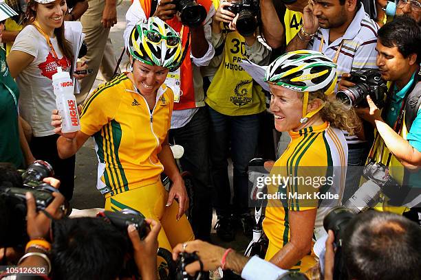Rochelle Gilmore and Victoria Whitelaw of Australia pose for the media after finishing the Women's Road Race during day seven of the Delhi 2010...
