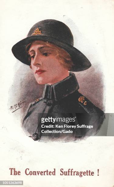 Suffrage-era, color postcard, depicting a young, light-haired woman, from the shoulders up, wearing a dark grey or black, military-style hat and...