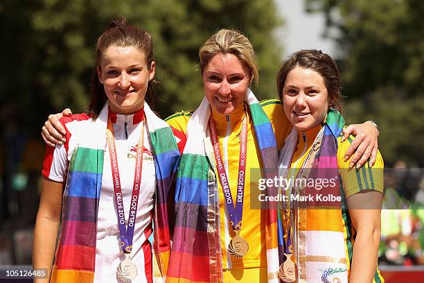 Medalists Elizabeth Armitstead of England , Rochelle Gilmore of Australia and Chloe Hosking of Australia pose during the medal ceremony for the...