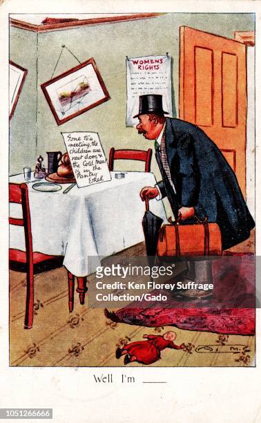 Anti-Suffrage, color postcard, depicting a man, wearing a hat and coat and carrying an umbrella and case, returning from work to find a note on the...