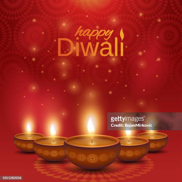 happy diwali poster. shiny oil lamps diya on abstract background. vector illustration. - rangoli stock illustrations