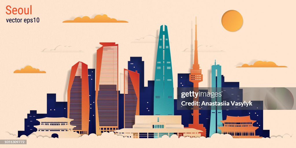 Seoul city colorful paper cut style, vector stock illustration