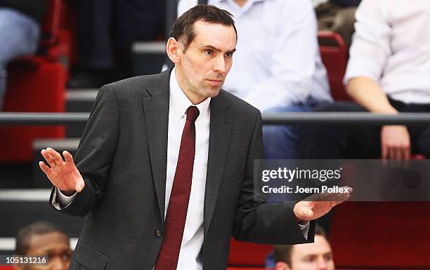 Head coach Stefan Koch of Quakenbrueck gestures during the Basketball Bundesliga match between Artland Dragons and EWE Baskets Oldenburg at the...