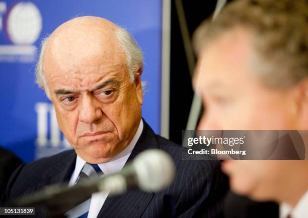 Francisco Gonzalez, chairman and chief executive officer of Banco Bilbao Vizcaya Argentaria SA , listens at a news conference during the Institute of...