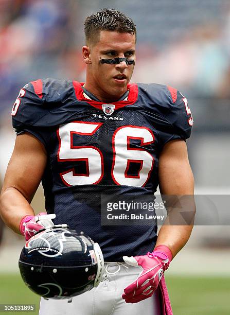 Linebacker Brian Cushing of the Houston Texans during warm ups before playing the New York Giants at Reliant Stadium on October 10, 2010 in Houston,...