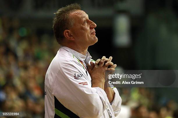 Head coach Michael Biegler of Grosswallstadt reacts c during the Toyota handball Bundesliga match between Fuechse Berlin and TV Grosswallstadt at the...