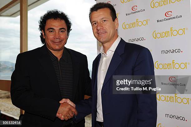 Hugo Sanchez and Carlos Dunga attend the Golden Foot Previews on October 10, 2010 in Monaco, Monaco.