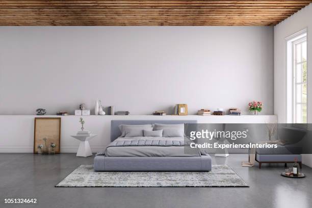 modern bedroom interior with blank wall for copy space - scandinavian culture stock pictures, royalty-free photos & images