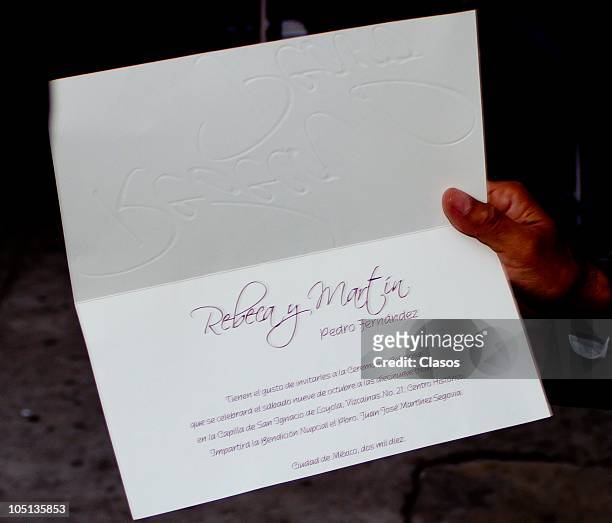 Detail of the invitation to Pedro Fernandez and Rebeca Garza wedding during their wedding on October 9, 2010 in Mexico City, Mexico.