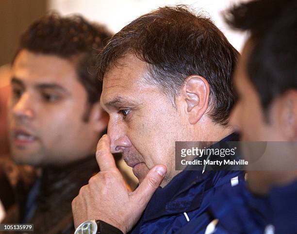 Head coach of Paraguay Geraldo Martiono thinks during a New Zealand All Whites/Paraguay press conference at the Intercontinental Hotel on October 11,...