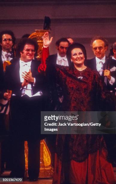 Spanish soprano Montserrat Caballe takes a bow with conductor James Levine at the taping for the Public Broadcasting System television program 'Gala...