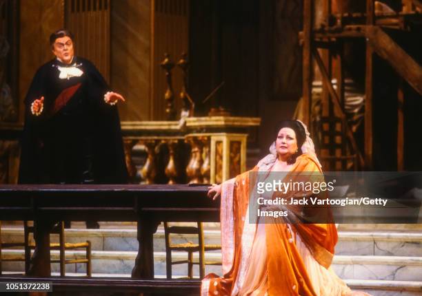 Spanish soprano Montserrat Caballe in the title role and American baritone Cornell MacNeil perform at the final dress rehearsal prior to the season...