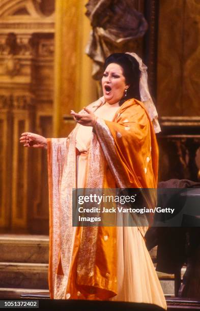 Spanish soprano Montserrat Caballe performs in the title role at the final dress rehearsal prior to the season premiere of the Metropolitan...