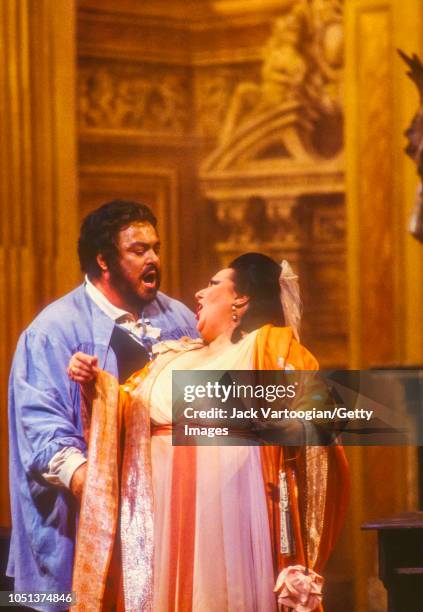 Spanish soprano Montserrat Caballe in the title role and Italian tenor Luciano Pavarotti perform at the final dress rehearsal prior to the season...