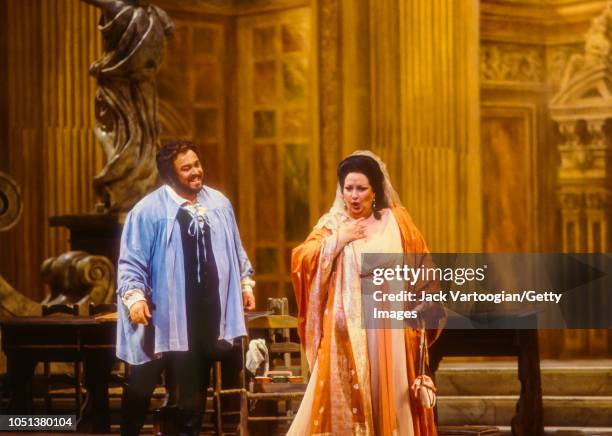 Spanish soprano Montserrat Caballe in the title role and Italian tenor Luciano Pavarotti perform at the final dress rehearsal prior to the season...