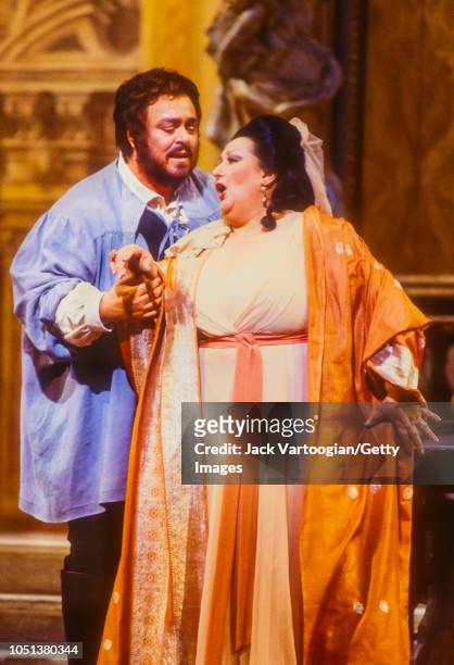 Spanish soprano Montserrat Caballe in the title role and Italian tenor Luciano Pavarotti perform at the final dress rehearsal prior to the season...