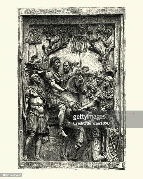 marcus aurelius, roman emperor pardoning marcomanni chiefs - relief carving stock illustrations