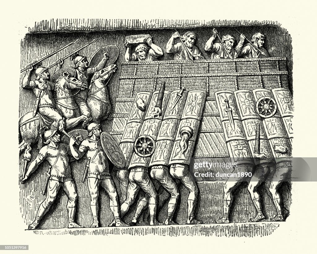 Ancient Roman soldiers attacking barbarian fort in Testudo formation