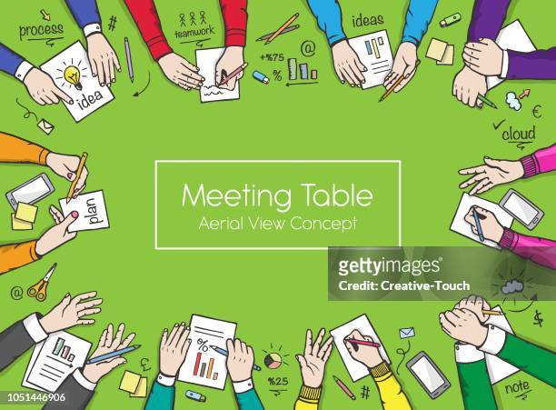business peoples and meeting table - people business meeting birdseye stock illustrations