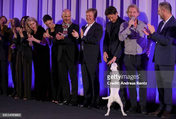 Caroline Peters, Janina Uhse, Christoph Maria Herbst, Justus von Dohnanyi ,Florian David Fitz and a dog attend the German premiere of the film 'Der...