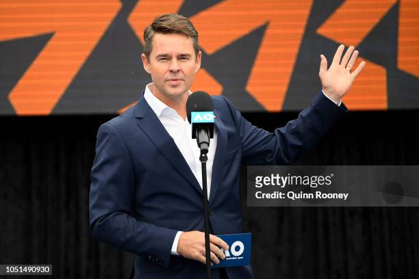 Todd Woodbridge talks to the media during the 2019 Australian Open Official Launch at Melbourne Park on October 09, 2018 in Melbourne, Australia.