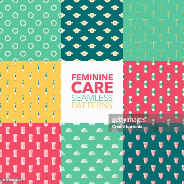 feminine care seamless pattern set - contraceptive sponge stock illustrations