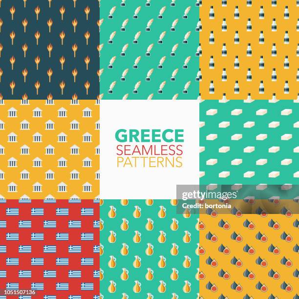 illustrazioni stock, clip art, cartoni animati e icone di tendenza di grecia set di modelli senza soluzione di continuità - cucina greca