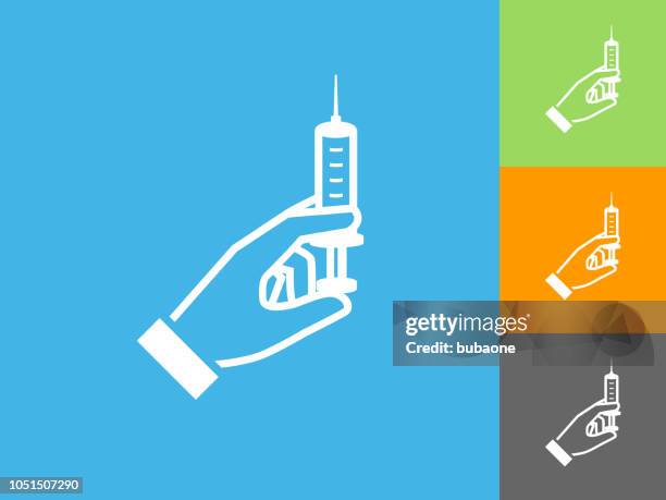 syringe flat icon on blue background - needle vector stock illustrations