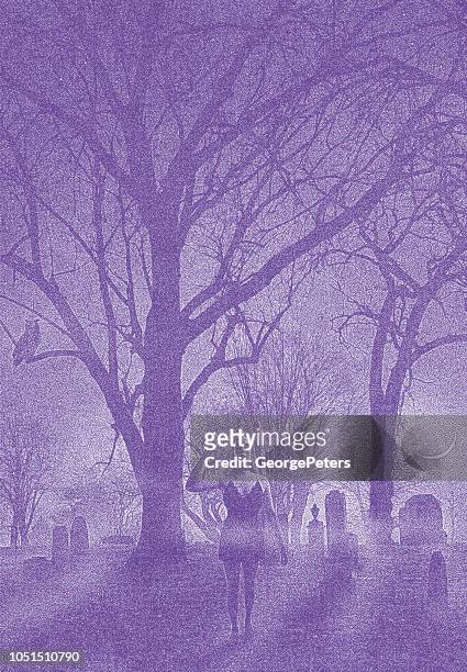 ilustrações, clipart, desenhos animados e ícones de cemitério assustador numa noite de nevoeiro com vampiro feminino - zombie walk