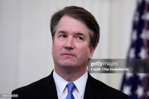 Supreme Court Associate Justice Brett Kavanaugh attends his ceremonial swearing in in the East Room of the White House October 08, 2018 in...