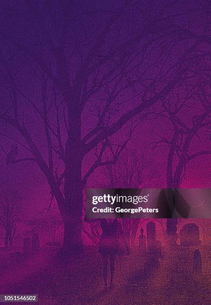 spooky graveyard on a foggy night with female vampire - ghost shadow stock illustrations