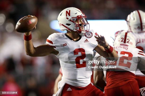 Adrian Martinez of the Nebraska Cornhuskers throws a pass in the first quarter against the Wisconsin Badgers at Camp Randall Stadium on October 6,...