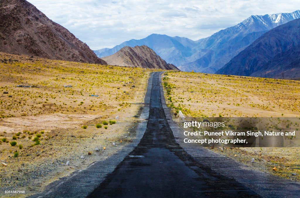 Road to mountains in diminishing perspective in Leh, Ladakh.