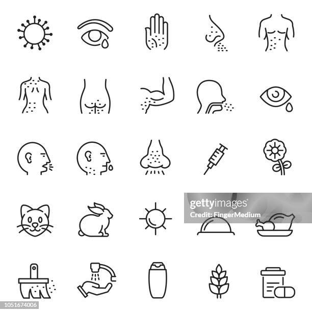 illustrazioni stock, clip art, cartoni animati e icone di tendenza di set di icone malattie - allergia