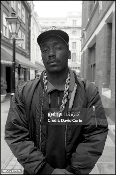 Big Daddy Kane, portrait, outside WEA Records at Kensington Court, London, United Kingdom, on 9 May 1988.