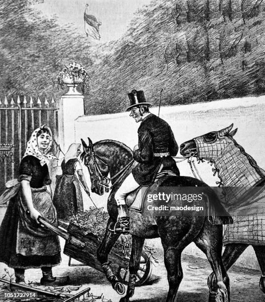 conversation of the home housewife with the aristocrat on horseback - 1888 - wife stock illustrations