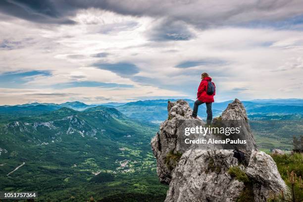 senior femme appréciant l’étonnant paysage haut dans les montagnes - older pics photos et images de collection
