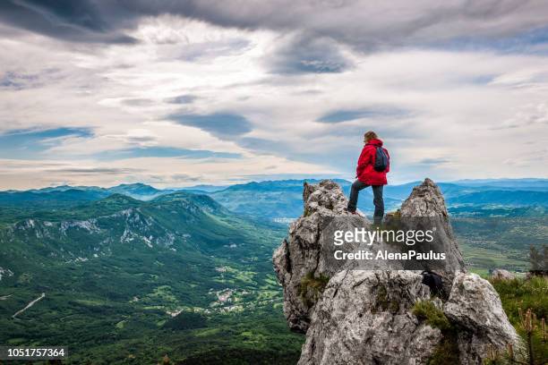 donna anziana godendo dello straordinario paesaggio in alto in montagna - vetta foto e immagini stock
