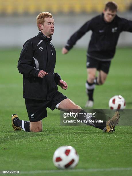 Aaron Clapham of the All Whites trains during a New Zealand All Whites training session at the Westpac Stadium on October 11, 2010 in Wellington, New...