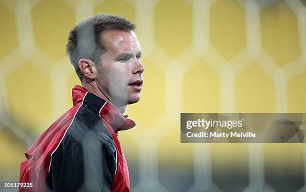 Mark Paston keeper for the All Whites trains during a New Zealand All Whites training session at the Westpac Stadium on October 11, 2010 in...