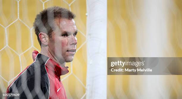 Mark Paston goal keeper for the All Whites waits for the next ball during a New Zealand All Whites training session at the Westpac Stadium on October...