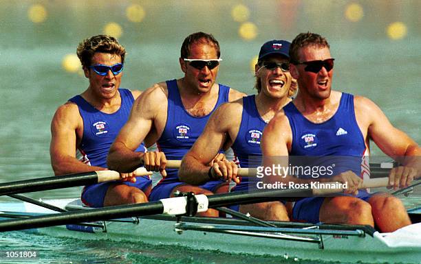 Matthew Pinsent, Tim Foster, Steven Redgrave and James Cracknell of Great Britain on their way to victory in the mens coxless four semifinal during...