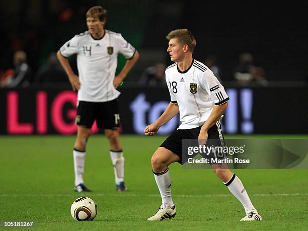 Toni Kroos of Germany runs with the ball during the EURO 2012 Group A qualifier match between Germany and Turkey at Olympia Stadium on October 8,...