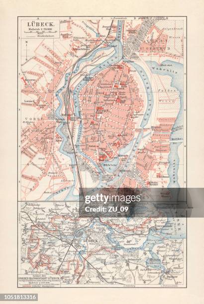 city map of lübeck (germany) and suburbs, lithograph, published 1897 - travemünde stock illustrations